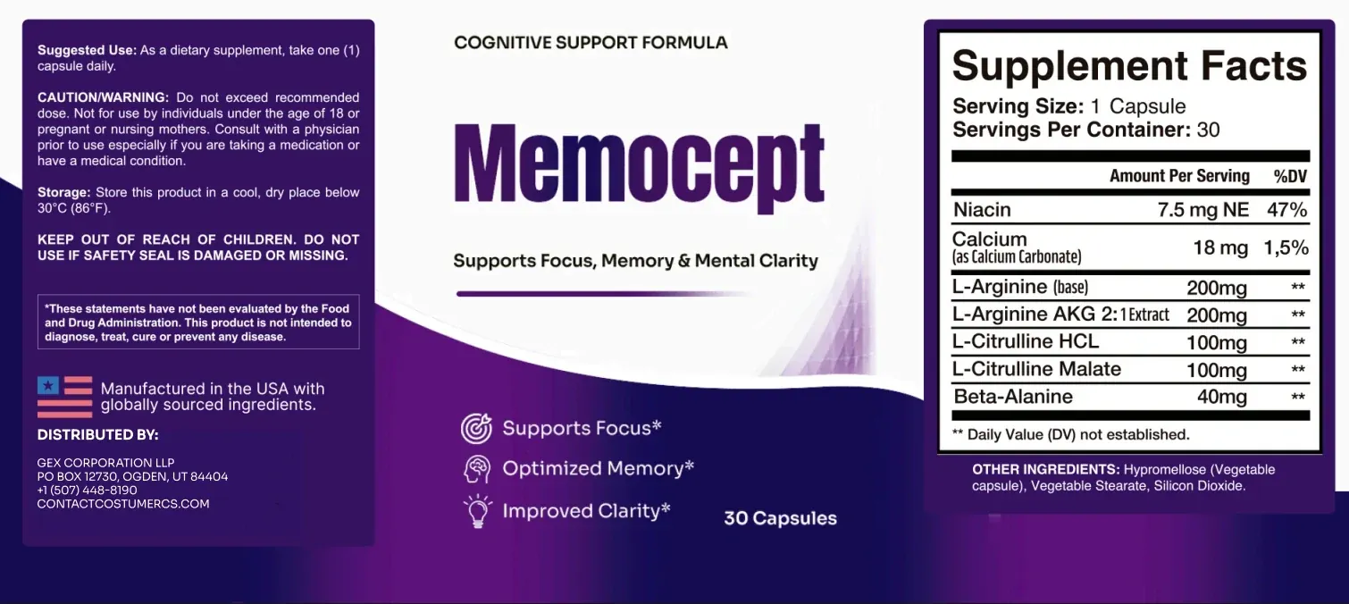 The full Memocept label laid flat: suggested use and cautions on the left, the Memocept name and claims in the middle, the Supplement Facts panel on the right