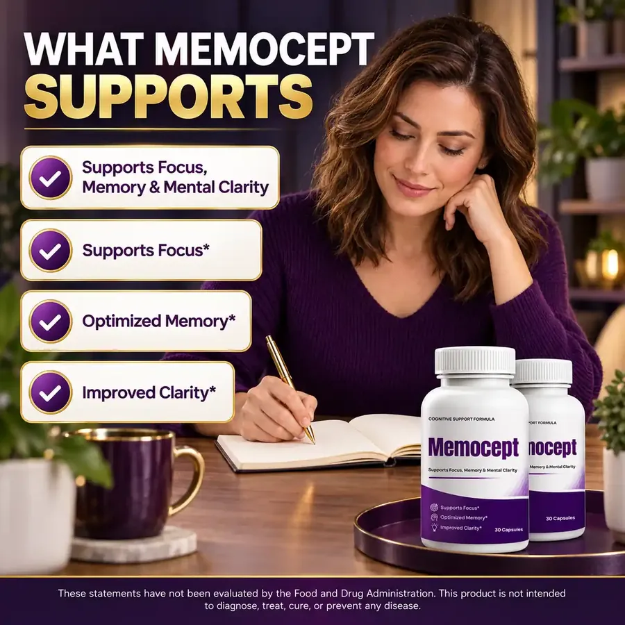 Brand graphic titled What Memocept Supports: a woman writing in a notebook at a desk beside two Memocept bottles, with check boxes for the label claims