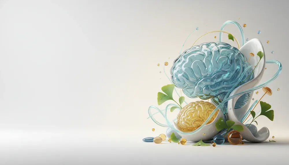 Decorative art of a stylized glass brain with leaves and splashes on a pale background